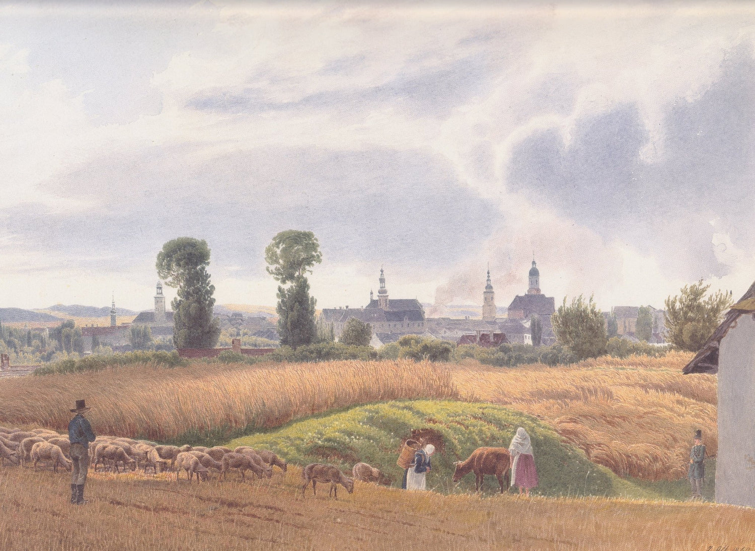 Hand-painted wheat field with sheep and town view landscape oil painting on canvas