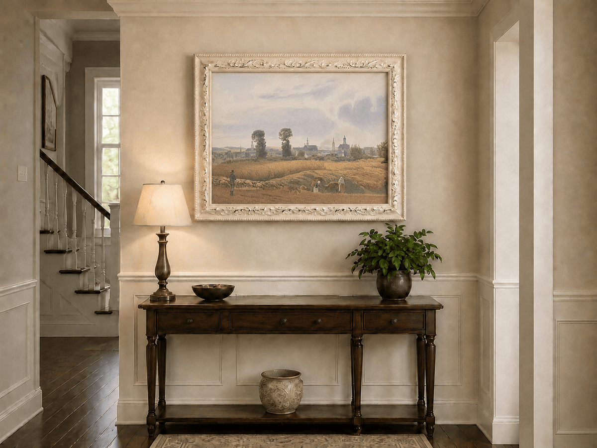 Peinture à l'huile de paysage - Gouffre rocheux spectaculaire avec personnages