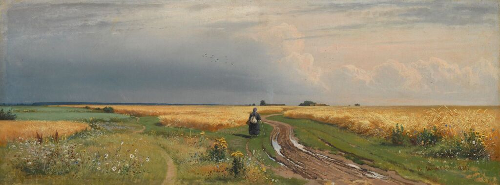 Hand-painted wheat fields path under dramatic sky landscape oil painting on canvas