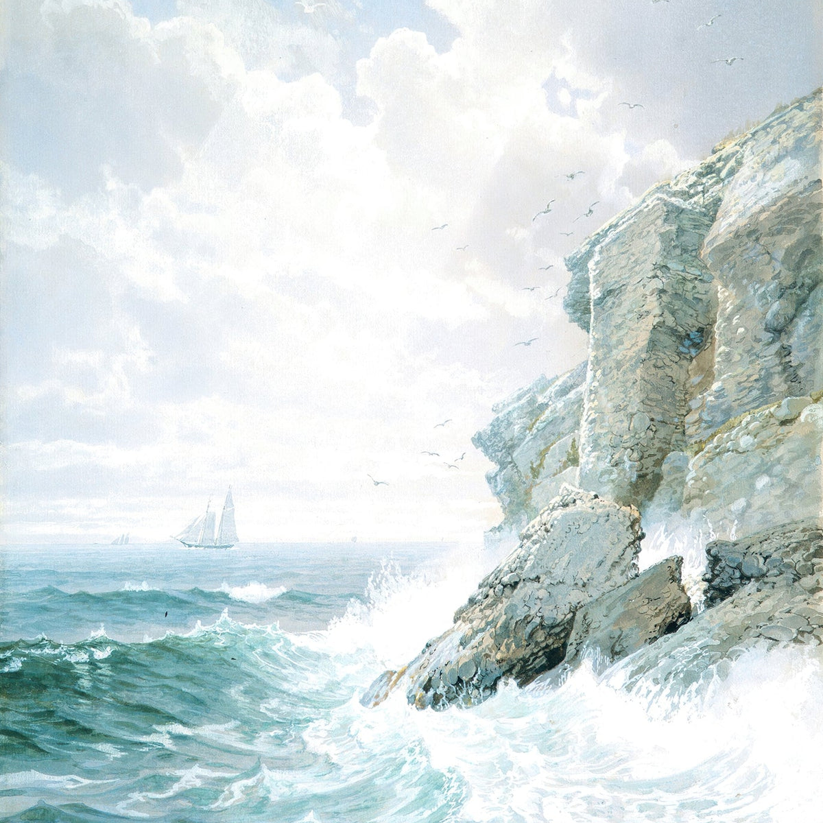 Landscape Oil Painting - White Coastal Cliffs, Crashing Waves & Seabirds - Oil Painting Haven