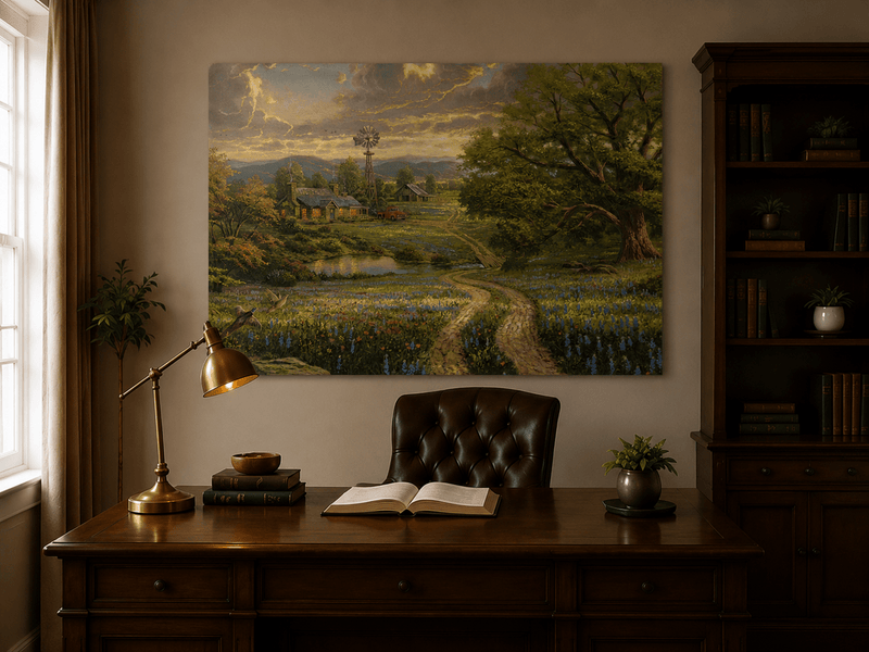 Landschaftsölgemälde - Wildblumenfeld Bauernhaus & Vintage