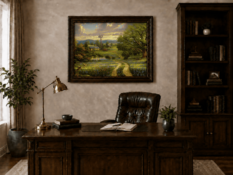 Landschaftsölgemälde - Wildblumenfeld Bauernhaus & Vintage