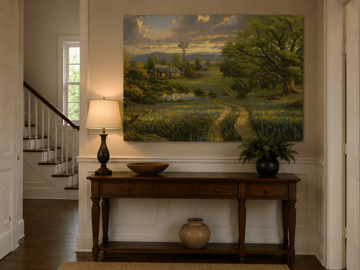 Landschaftsölgemälde - Wildblumenfeld Bauernhaus & Vintage