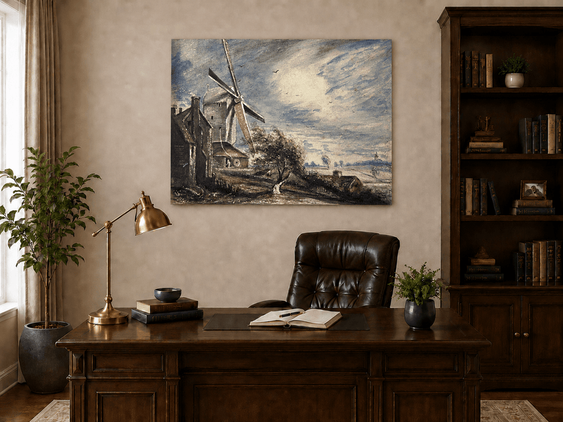 Landschaftsgemälde in Öl – Winterliche Flusslandschaft mit Figuren und Pferden