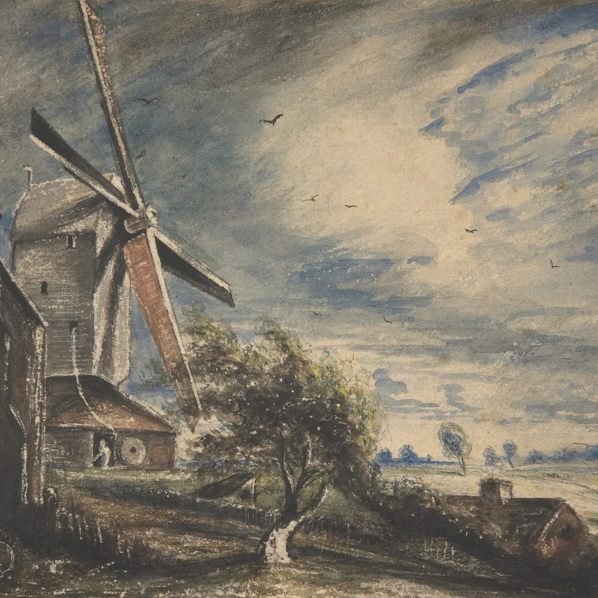 Landscape Oil Painting - Windmill and Open Fields Under Clouds - Oil Painting Haven