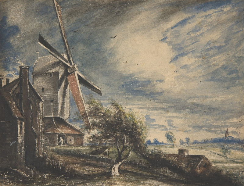 Landscape Oil Painting - Windmill and Open Fields Under Clouds - Oil Painting Haven