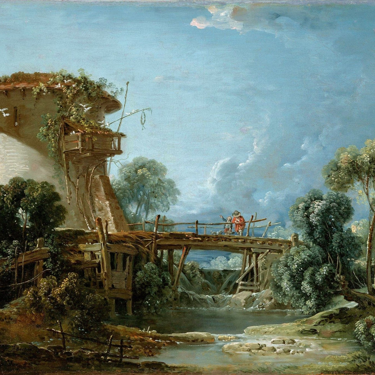 Landscape Oil Painting - Windmill Bridge and River Scene - Oil Painting Haven