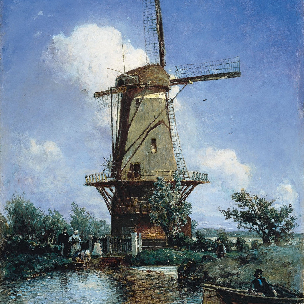 Landscape Oil Painting - Windmill by River with Figures - Oil Painting Haven