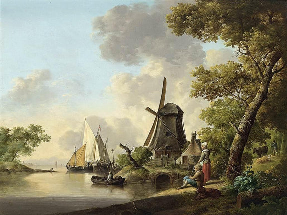 Landscape Oil Painting - Windmill Canal with Sailing Boats - Oil Painting Haven