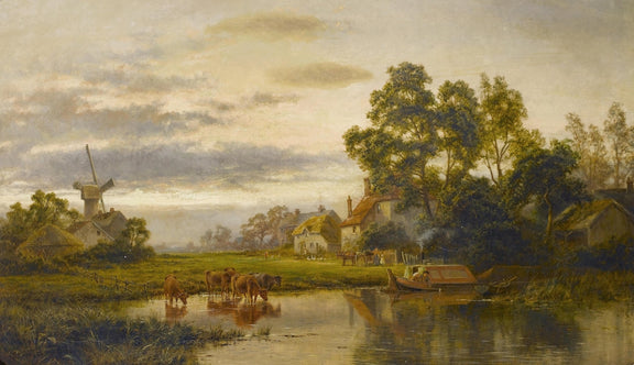 Hand-painted windmill farm and cows by the water landscape oil painting on canvas