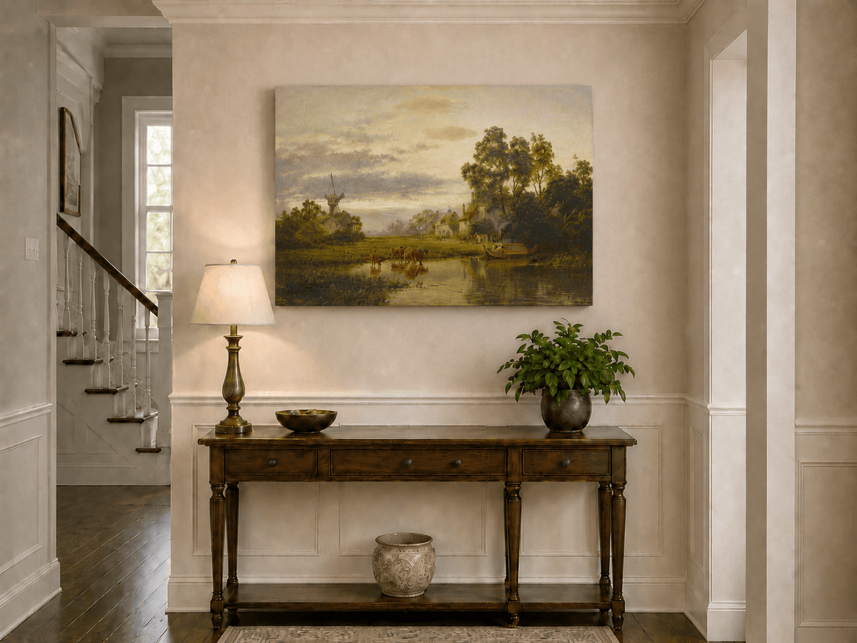 Landscape Oil Painting - Windmill Farm and Cows by the Water