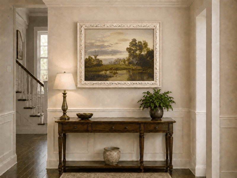 Landscape Oil Painting - Windmill Farm and Cows by the Water