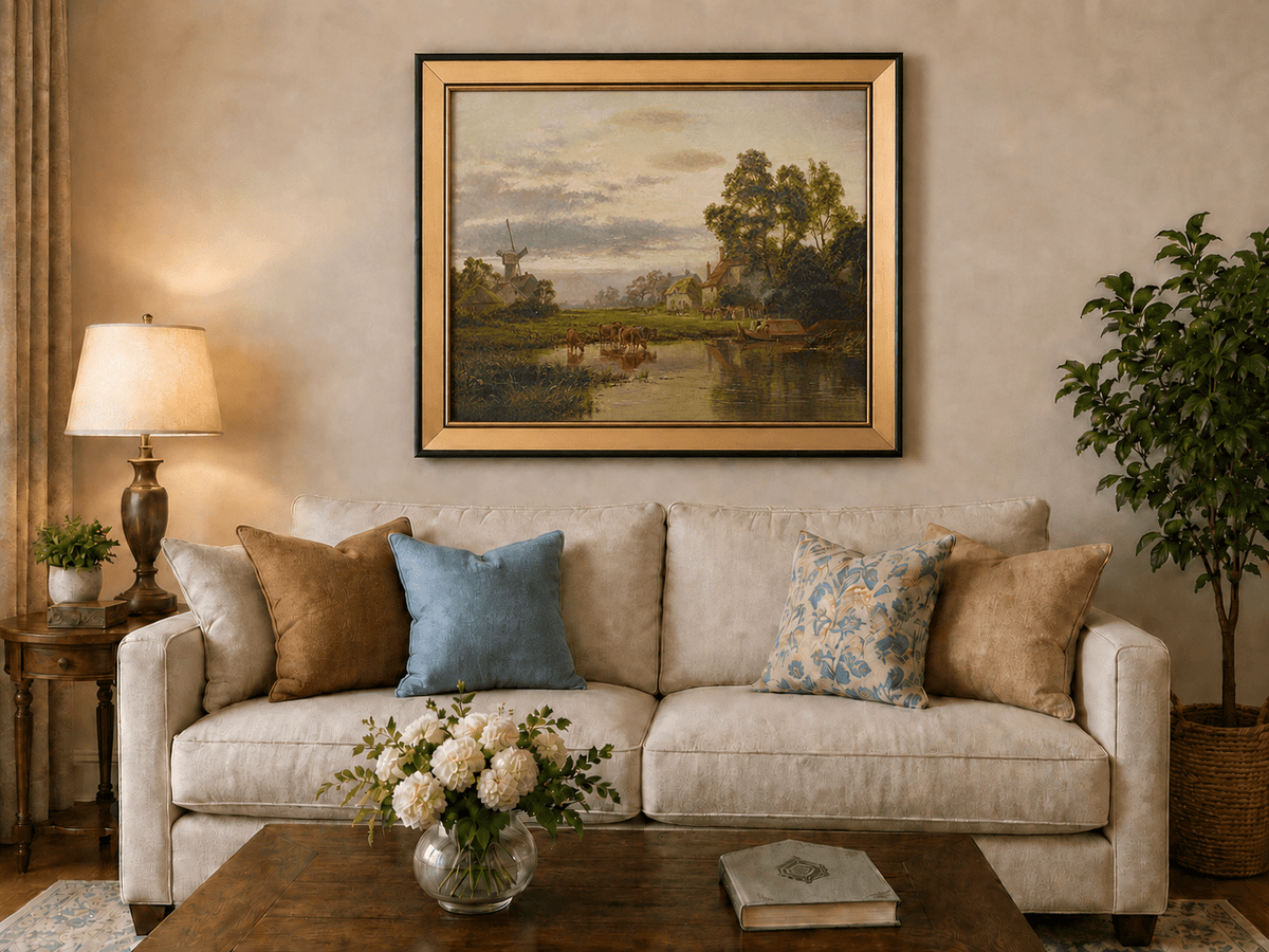 Landscape Oil Painting - Windmill Farm and Cows by the Water