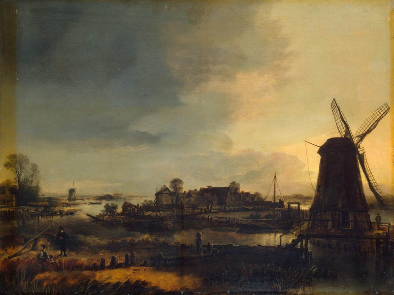 Hand-painted windmill village at sunset landscape oil painting on canvas