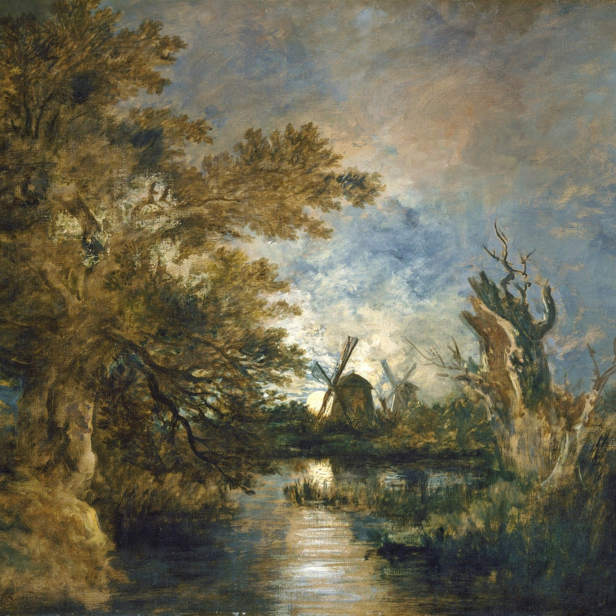 Landscape Oil Painting - Windmills by River at Sunset - Oil Painting Haven