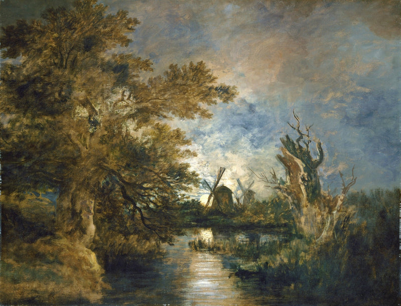 Landscape Oil Painting - Windmills by River at Sunset - Oil Painting Haven