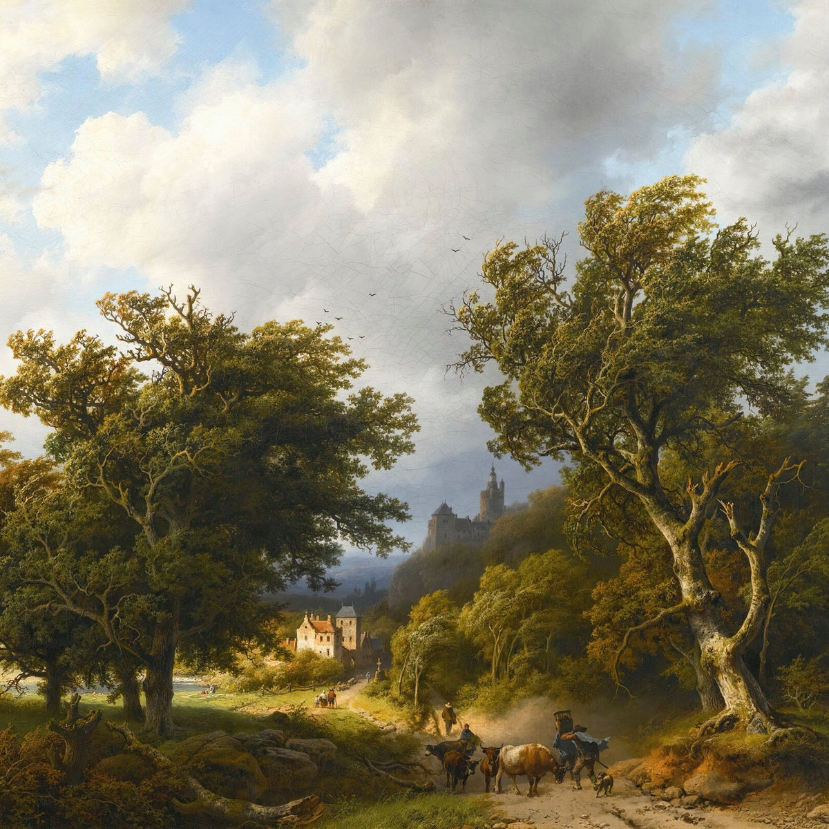 Landscape Oil Painting - Windy Forest Road with Cattle and Castle - Oil Painting Haven