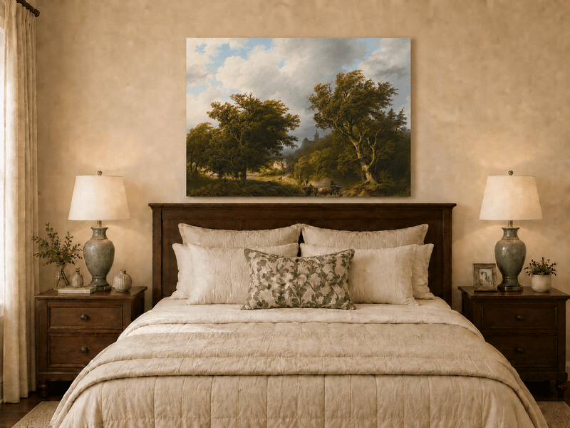 Landscape Oil Painting - Windy Forest Road with Cattle and Castle