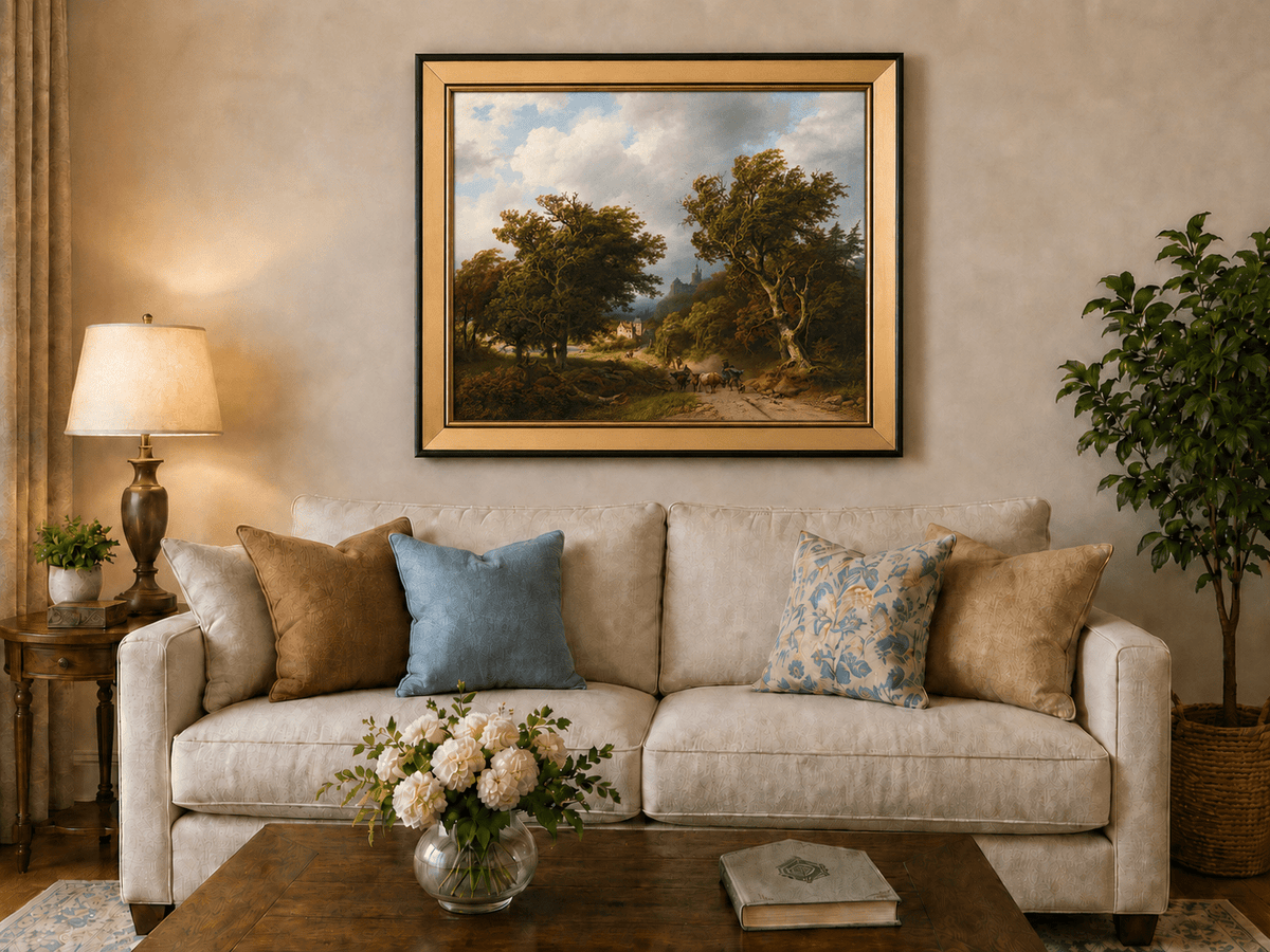 Landscape Oil Painting - Windy Forest Road with Cattle and Castle