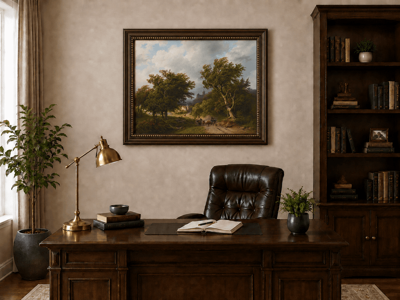 Landscape Oil Painting - Windy Forest Road with Cattle and Castle