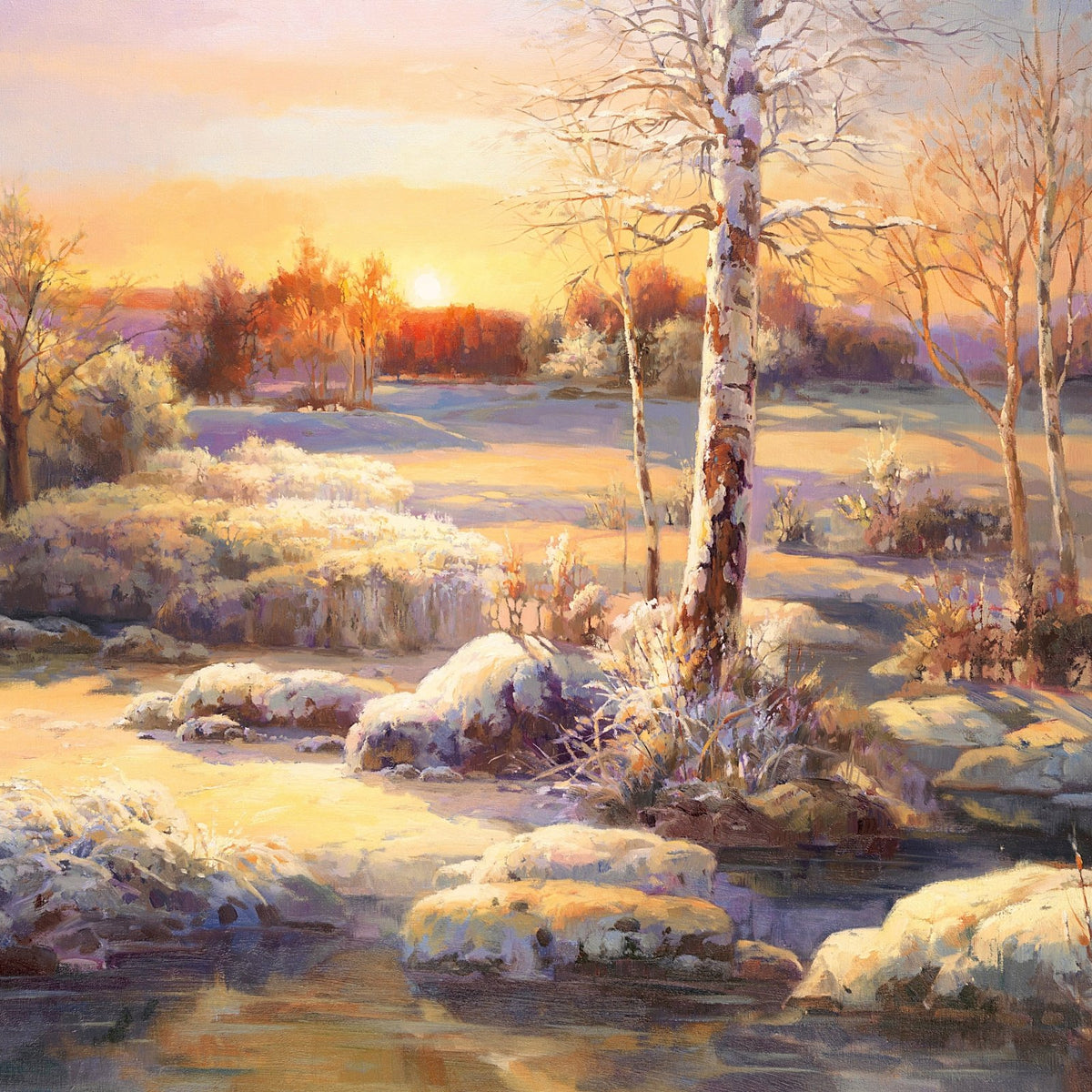 Landscape Oil Painting - Winter birch tree sunset & frosty stream - Oil Painting Haven