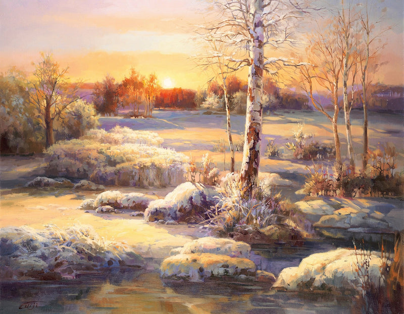 Landscape Oil Painting - Winter birch tree sunset & frosty stream - Oil Painting Haven