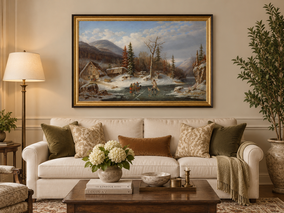 Hand-painted Winter Cabin by Frozen Mountain Stream landscape oil painting displayed as wall art in a styled interior