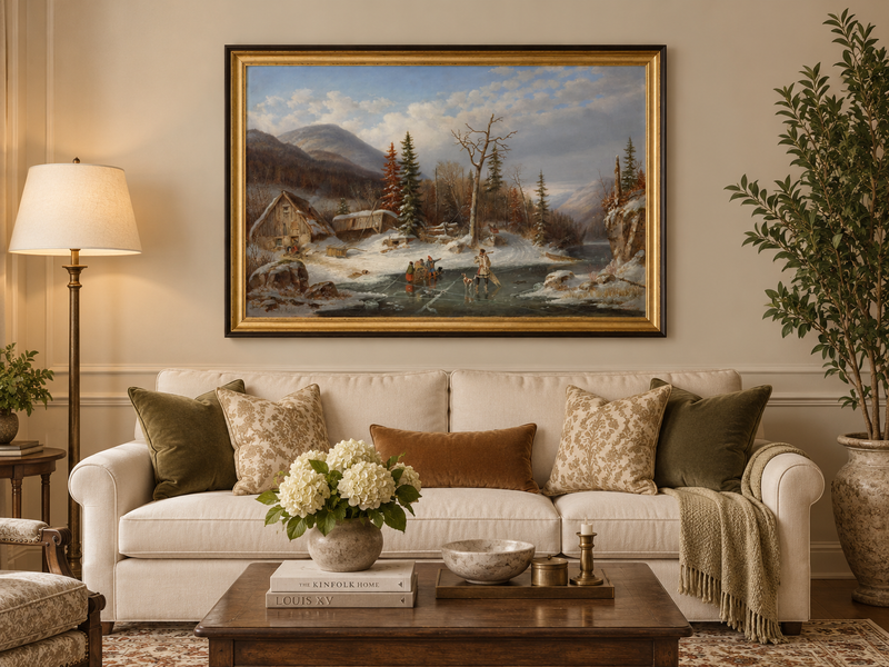 Hand-painted Winter Cabin by Frozen Mountain Stream landscape oil painting displayed as wall art in a styled interior