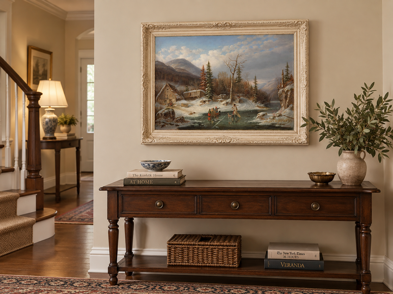 Hand-painted Winter Cabin by Frozen Mountain Stream landscape oil painting displayed as wall art in a styled interior