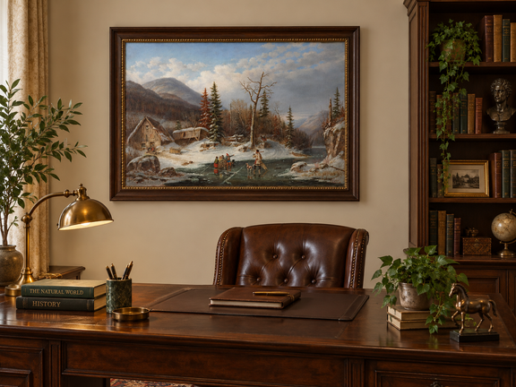Hand-painted Winter Cabin by Frozen Mountain Stream landscape oil painting displayed as wall art in a styled interior