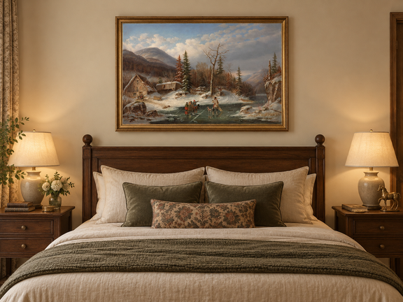 Hand-painted Winter Cabin by Frozen Mountain Stream landscape oil painting displayed as wall art in a styled interior