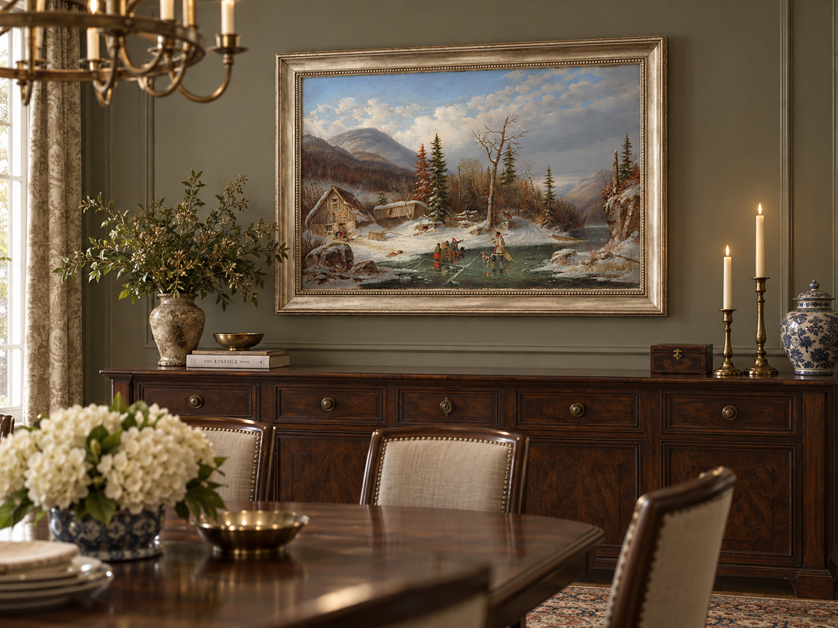Hand-painted Winter Cabin by Frozen Mountain Stream landscape oil painting displayed as wall art in a styled interior