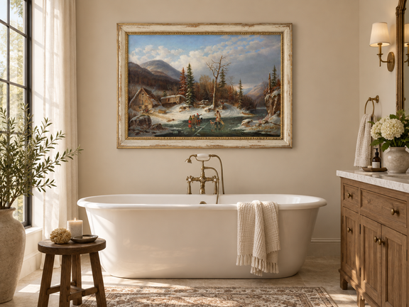 Hand-painted Winter Cabin by Frozen Mountain Stream landscape oil painting displayed as wall art in a styled interior