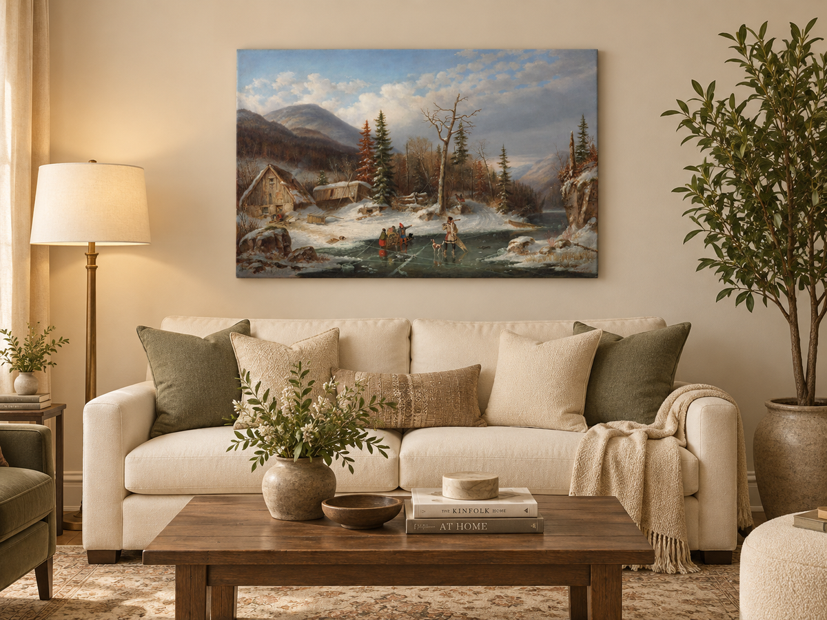 Hand-painted Winter Cabin by Frozen Mountain Stream landscape oil painting displayed as wall art in a styled interior