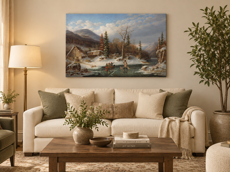 Hand-painted Winter Cabin by Frozen Mountain Stream landscape oil painting displayed as wall art in a styled interior