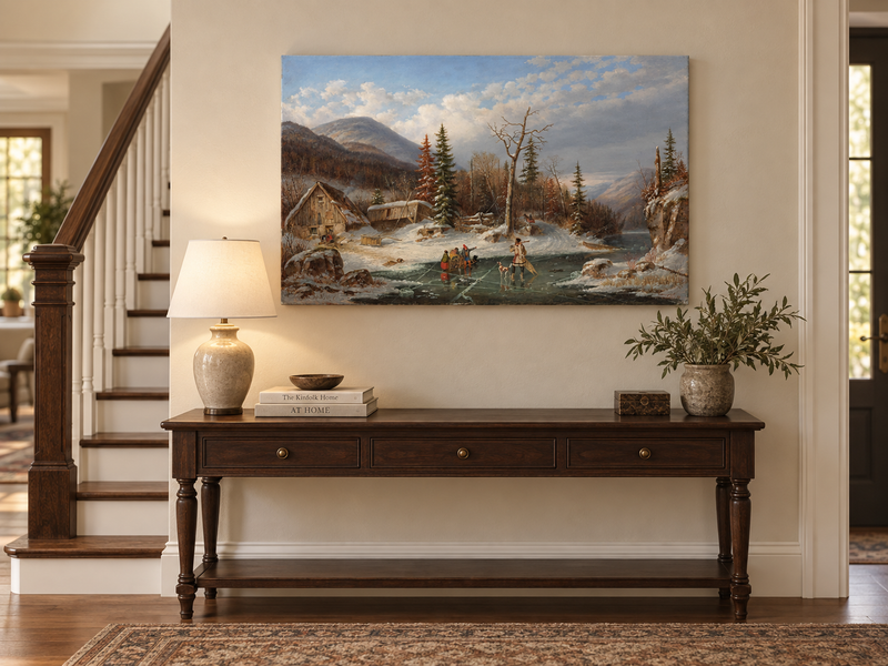 Hand-painted Winter Cabin by Frozen Mountain Stream landscape oil painting displayed as wall art in a styled interior