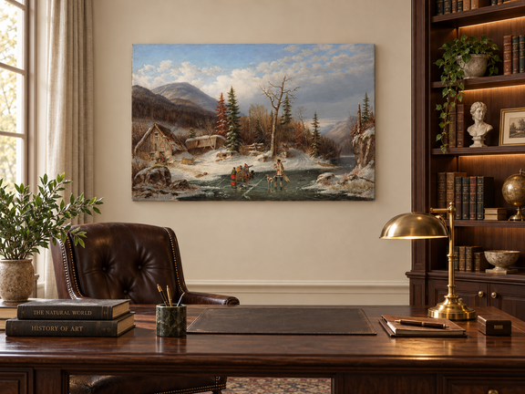 Hand-painted Winter Cabin by Frozen Mountain Stream landscape oil painting displayed as wall art in a styled interior