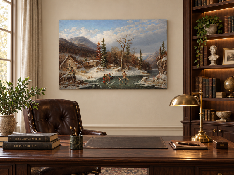 Hand-painted Winter Cabin by Frozen Mountain Stream landscape oil painting displayed as wall art in a styled interior