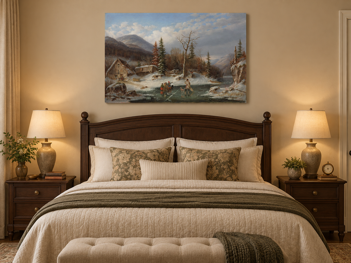 Hand-painted Winter Cabin by Frozen Mountain Stream landscape oil painting displayed as wall art in a styled interior