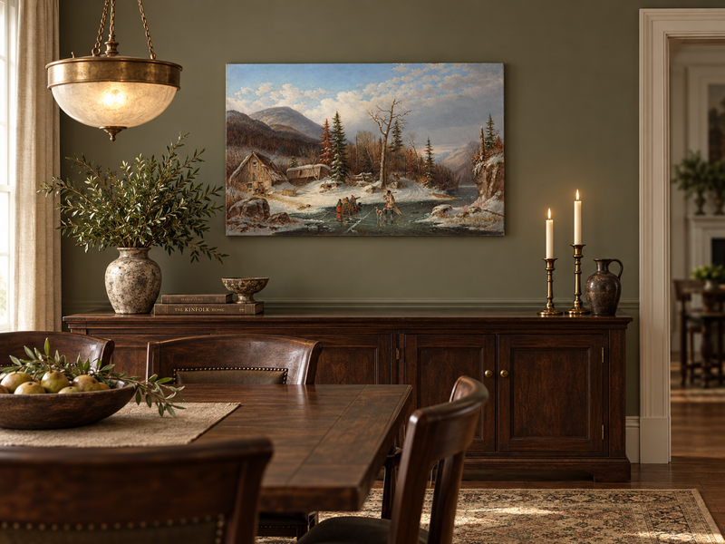 Hand-painted Winter Cabin by Frozen Mountain Stream landscape oil painting displayed as wall art in a styled interior