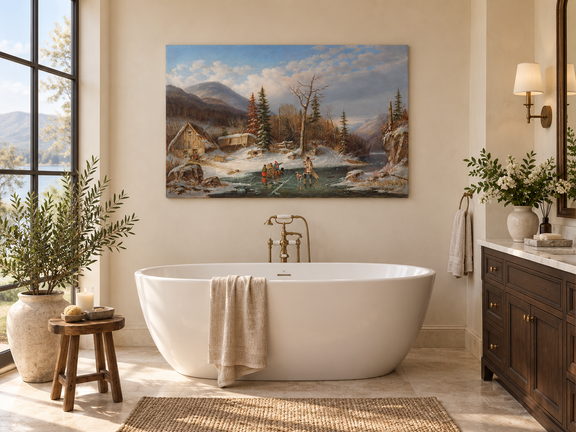 Hand-painted Winter Cabin by Frozen Mountain Stream landscape oil painting displayed as wall art in a styled interior