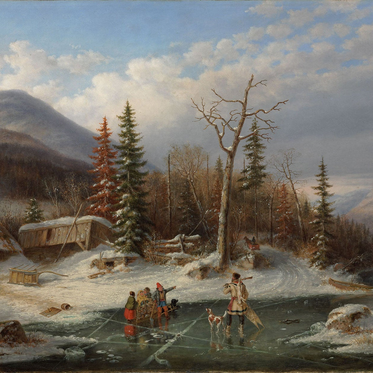 Landscape Oil Painting - Winter Cabin by Frozen Mountain Stream - Oil Painting Haven