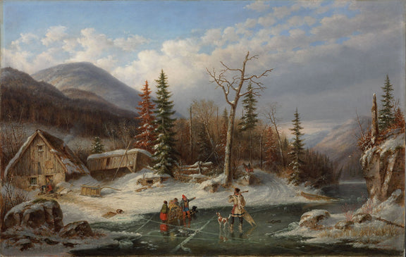 Landscape Oil Painting - Winter Cabin by Frozen Mountain Stream - Oil Painting Haven