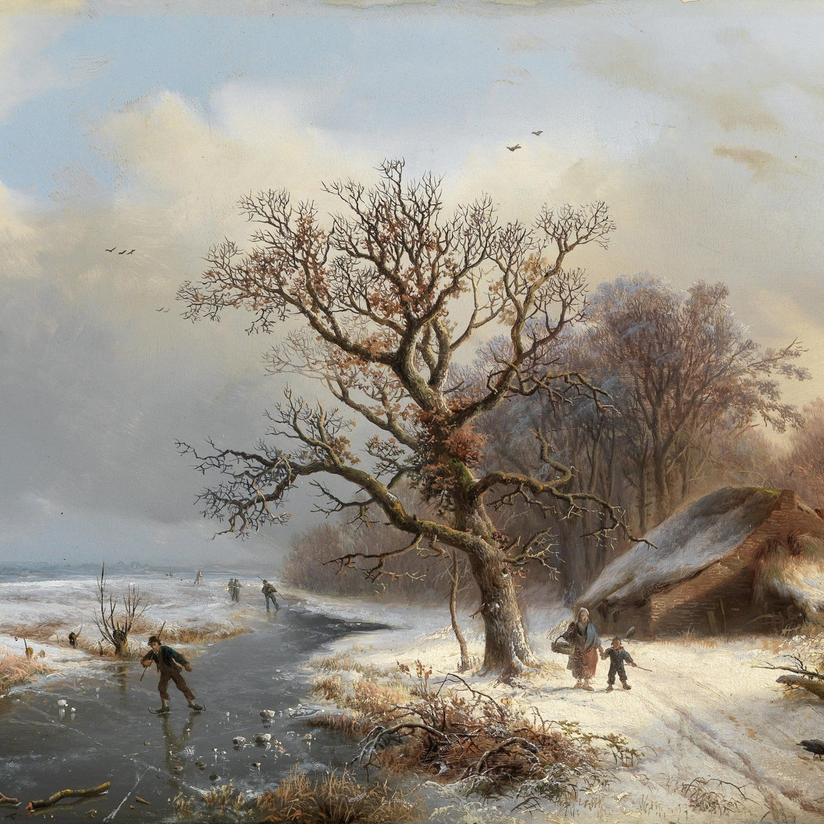 Landscape Oil Painting - Winter canal in snow & ice - skating figures - Oil Painting Haven