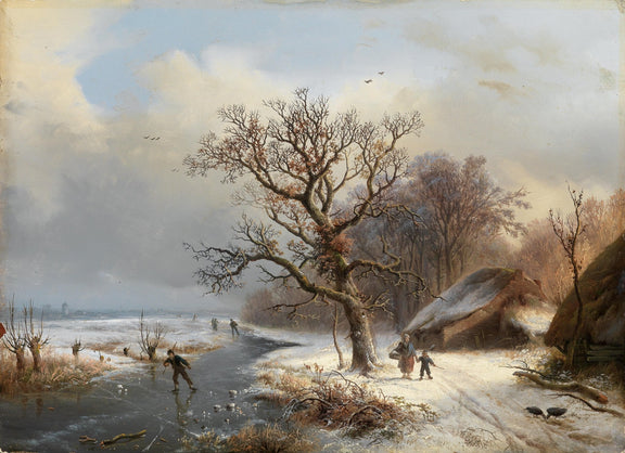 Landscape Oil Painting - Winter canal in snow & ice - skating figures - Oil Painting Haven
