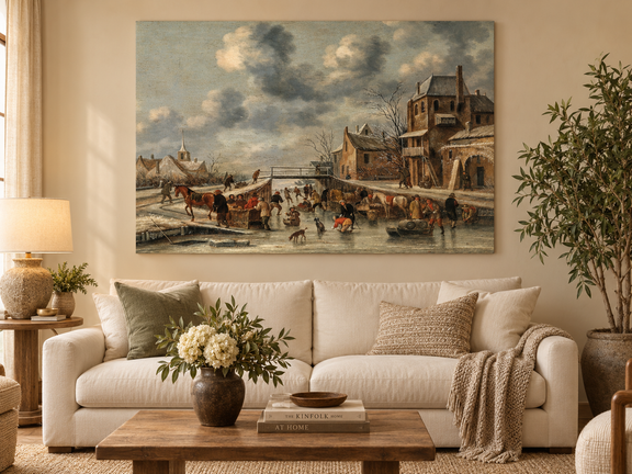 Hand-painted Winter Canal Market Village Scene landscape oil painting displayed as wall art in a styled interior