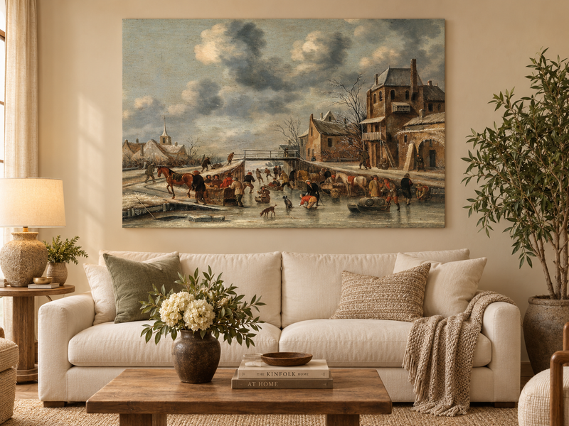 Hand-painted Winter Canal Market Village Scene landscape oil painting displayed as wall art in a styled interior
