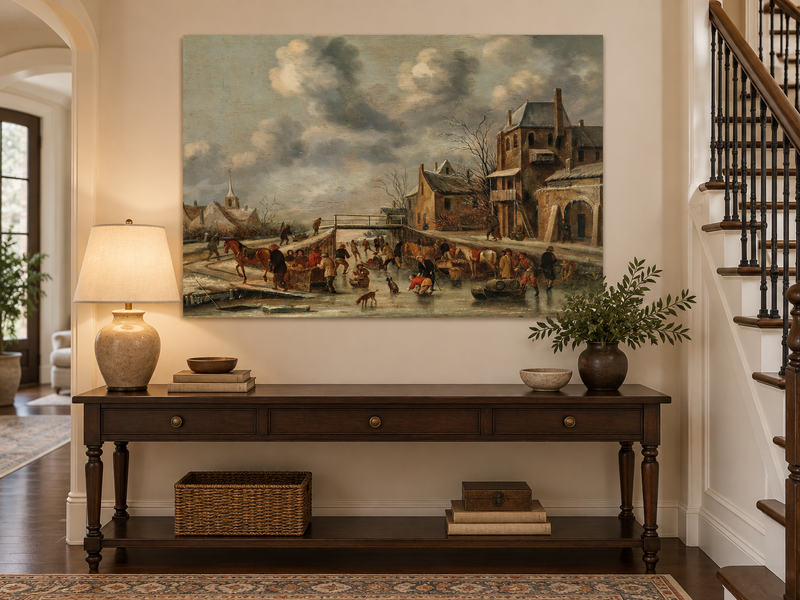 Hand-painted Winter Canal Market Village Scene landscape oil painting displayed as wall art in a styled interior