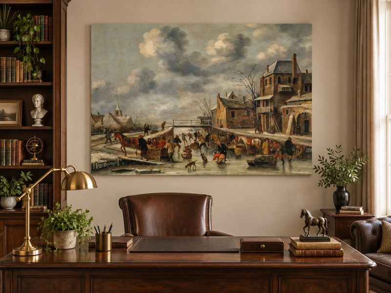 Hand-painted Winter Canal Market Village Scene landscape oil painting displayed as wall art in a styled interior