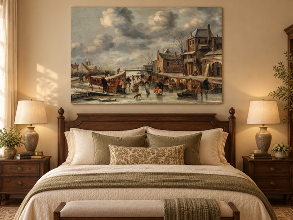 Hand-painted Winter Canal Market Village Scene landscape oil painting displayed as wall art in a styled interior